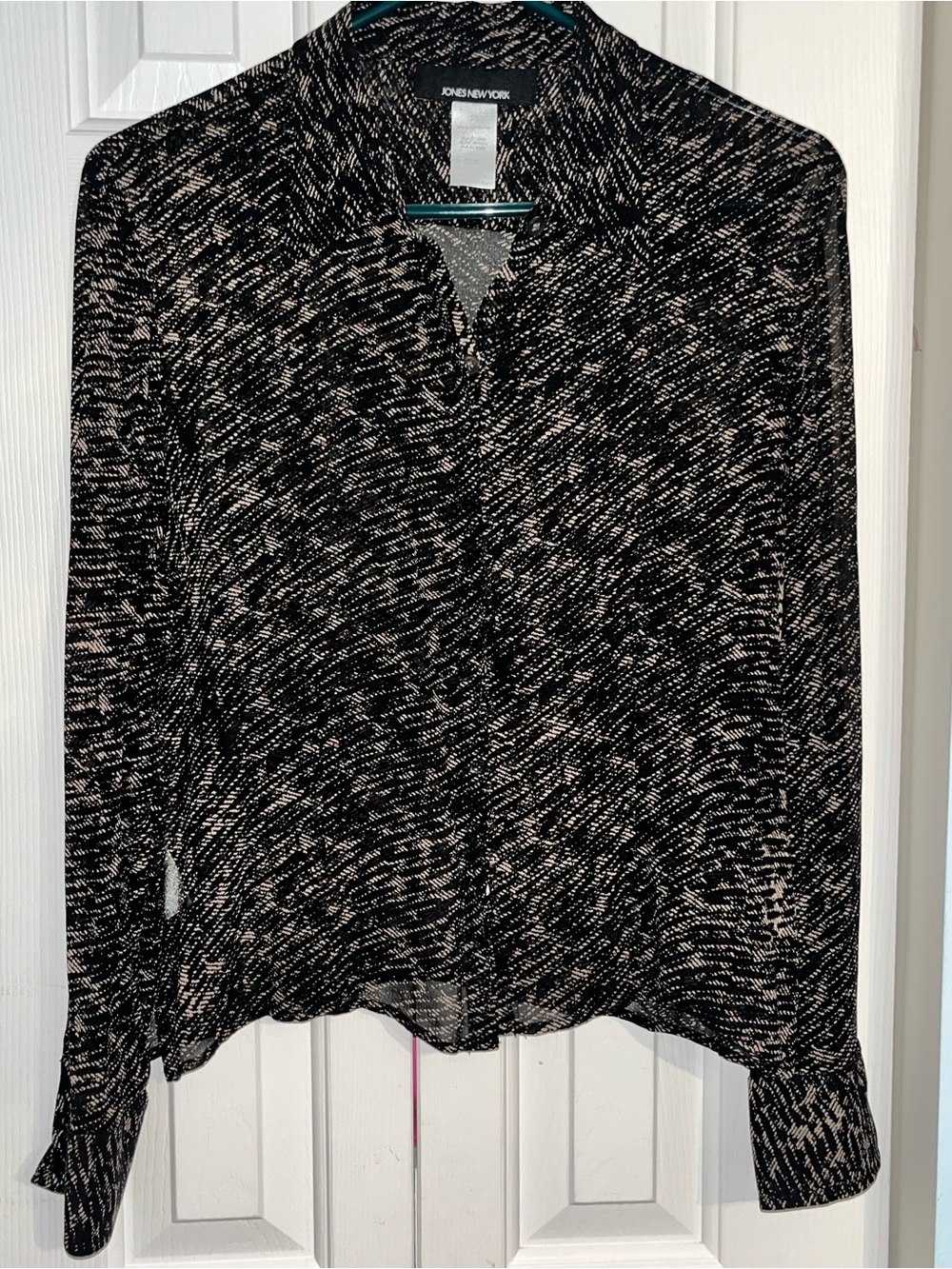 Jones New York Silk Black and Cream Speckled Long-Sleeve Blouse
